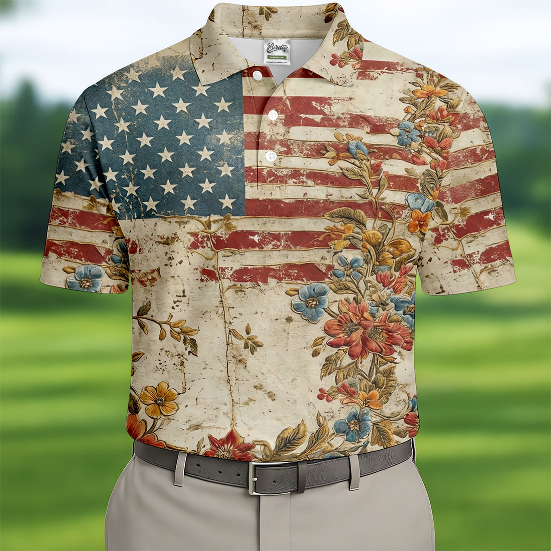 Floral American Flag Vintage Golf Shirt, 250 Years Patriotic 4th Of July Golf Shirts For Men