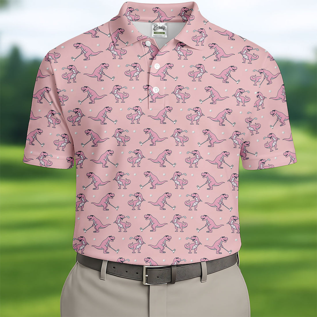 Pink T-Rex Dinosaur Golfer Pattern Golf Polo Shirt, Golf Shirts For Men, Mens Golf Apparel