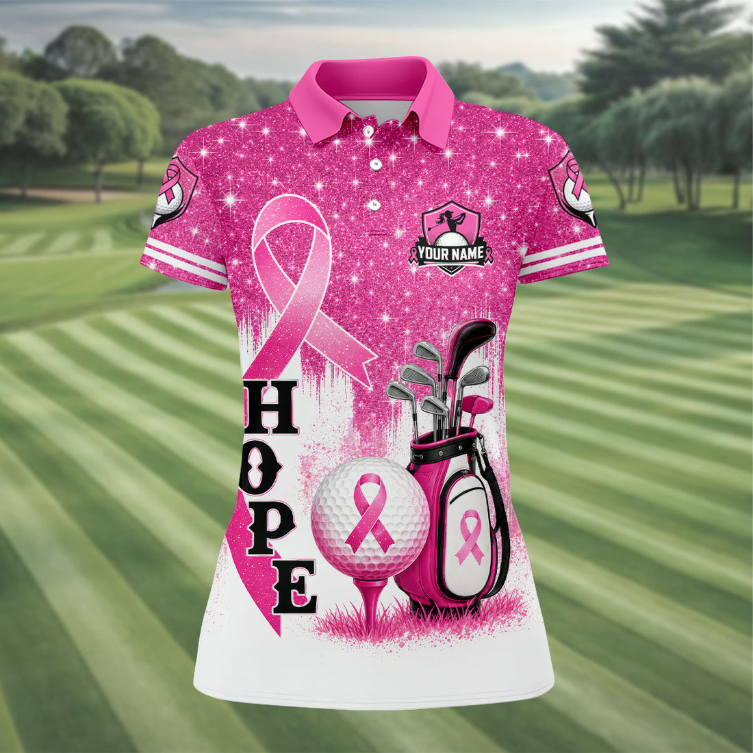 Custom Female Golfer Hope Breast Cancer Polo Shirt, Women’s Golf Apparel, Ladies Golf Top