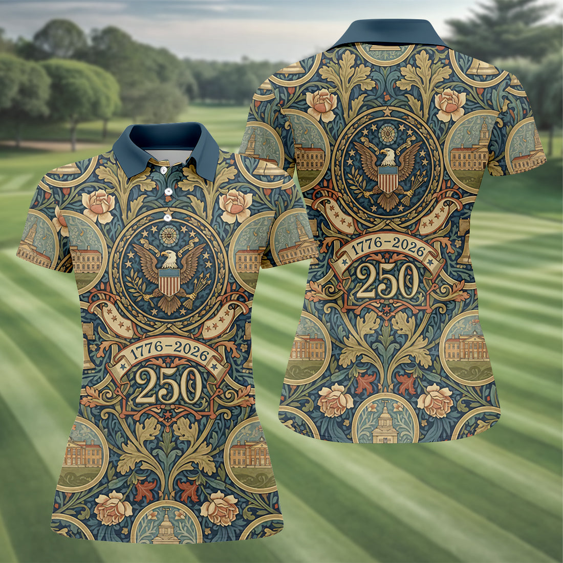 250th Anniversary Semiquincentennial American Landmarks Floral Golf Shirt, Golf Shirt For Women, Patriotic Golf Shirt