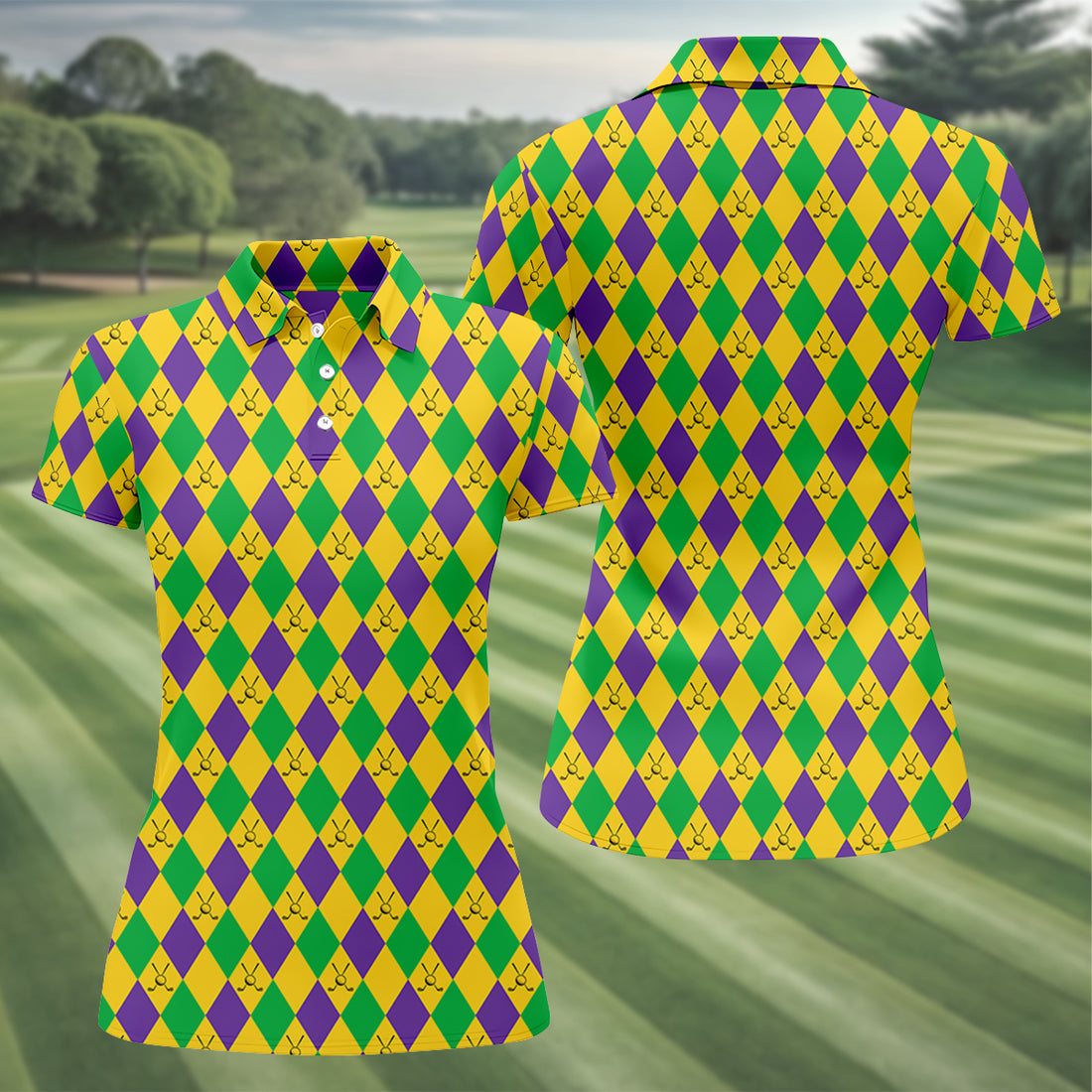 Green Gold Purple Argyle Pattern Mardi Gras Golf Shirt, Women's Golf Shirts, Ladies Golf Polos, Women's Polo Shirt