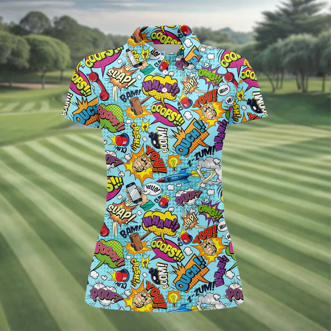 Comic Pattern Hawaiian Golf Shirt, Retro Style Women's Golf Tops, Ladies Golf Shirts