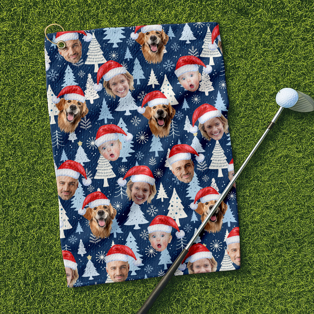 Custom Face Pine Tree Pattern White And Navy Golf Towels, Christmas Golf Gift, Custom Golf Accessories