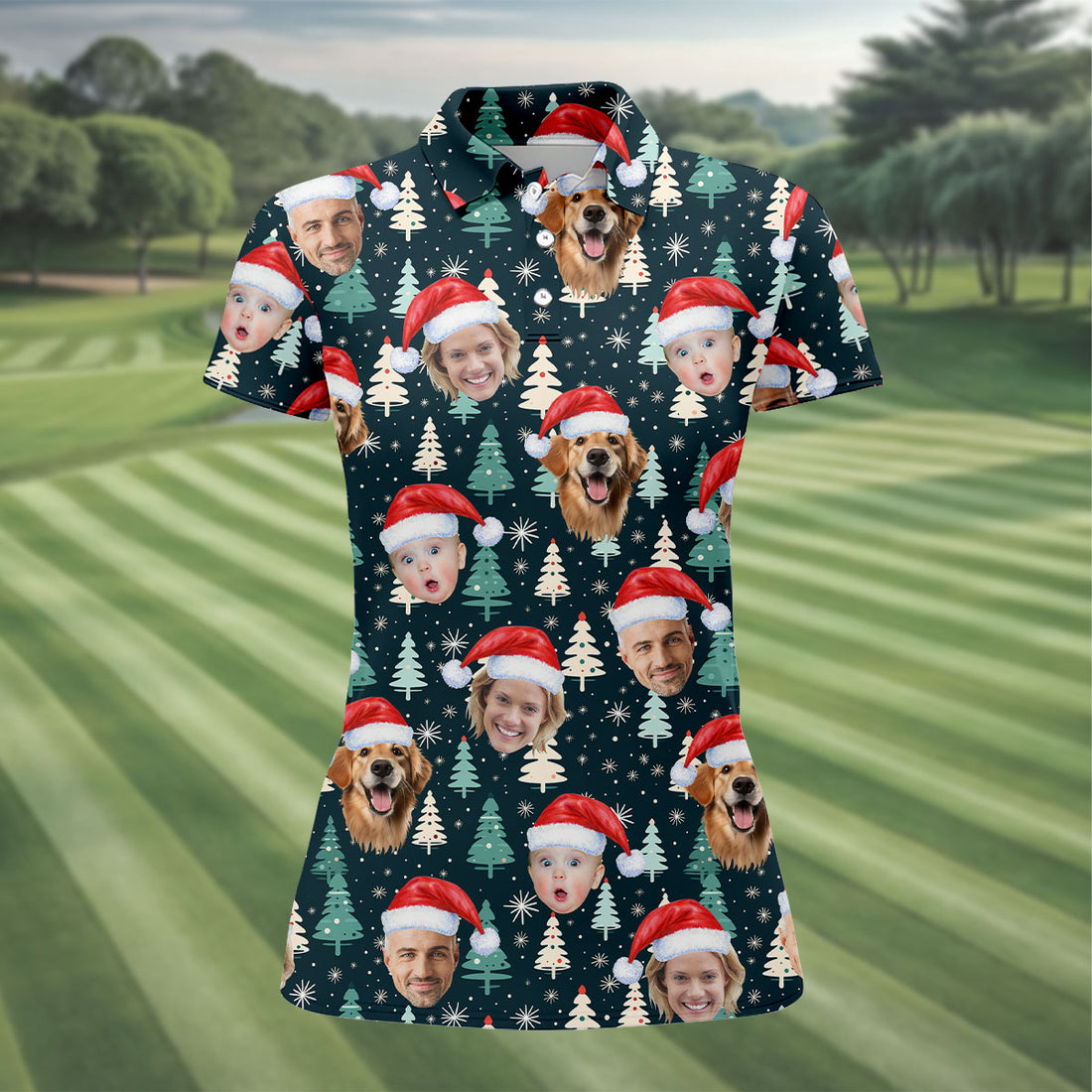 Custom Face Little Pine Tree Snowflake Pattern Christmas Golf Shirt, Women's Golf Tops, Golf Gift For Ladies