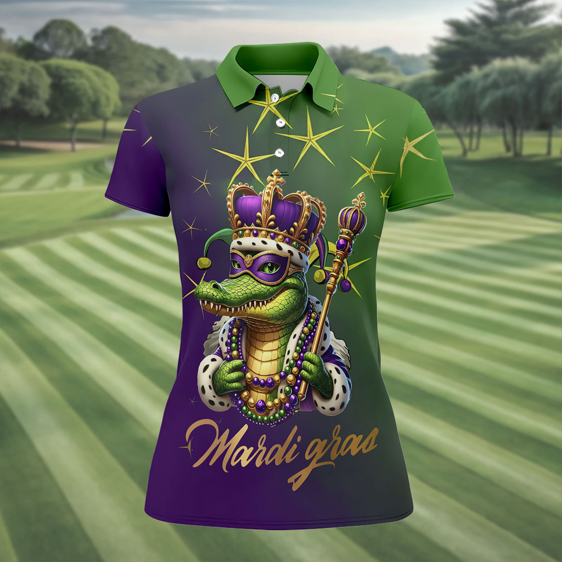 Mardi Gras Aligator Crown Mask Purple Green Gold Women's Golf Shirts, Women's Golf Tops, Ladies Golf Shirts