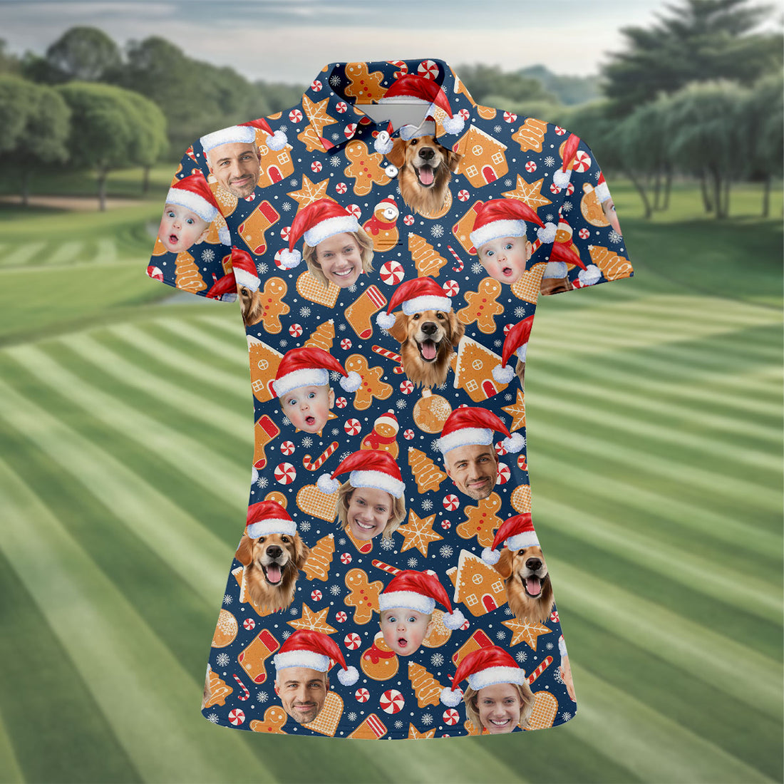Custom Face Christmas Sweets Navy Golf Shirt, Christmas Golf Shirt, Women's Golf Tops, Golf Gift For Ladies