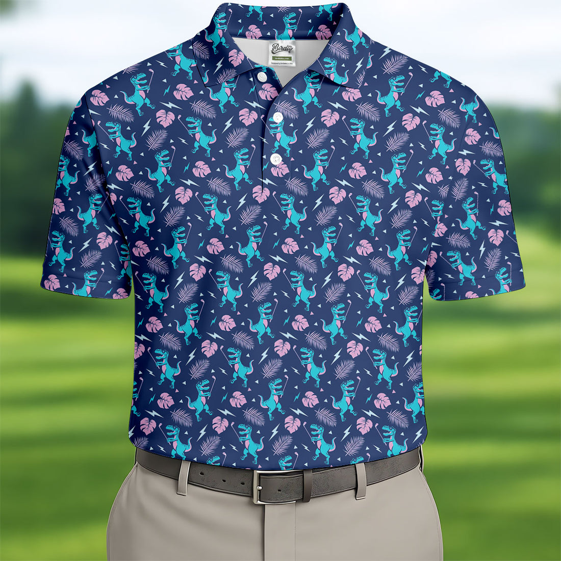 Funny Dinosaur Golfer Tropical Pattern Polo Shirt, Mens Golf Polo, Printed Golf Shirts