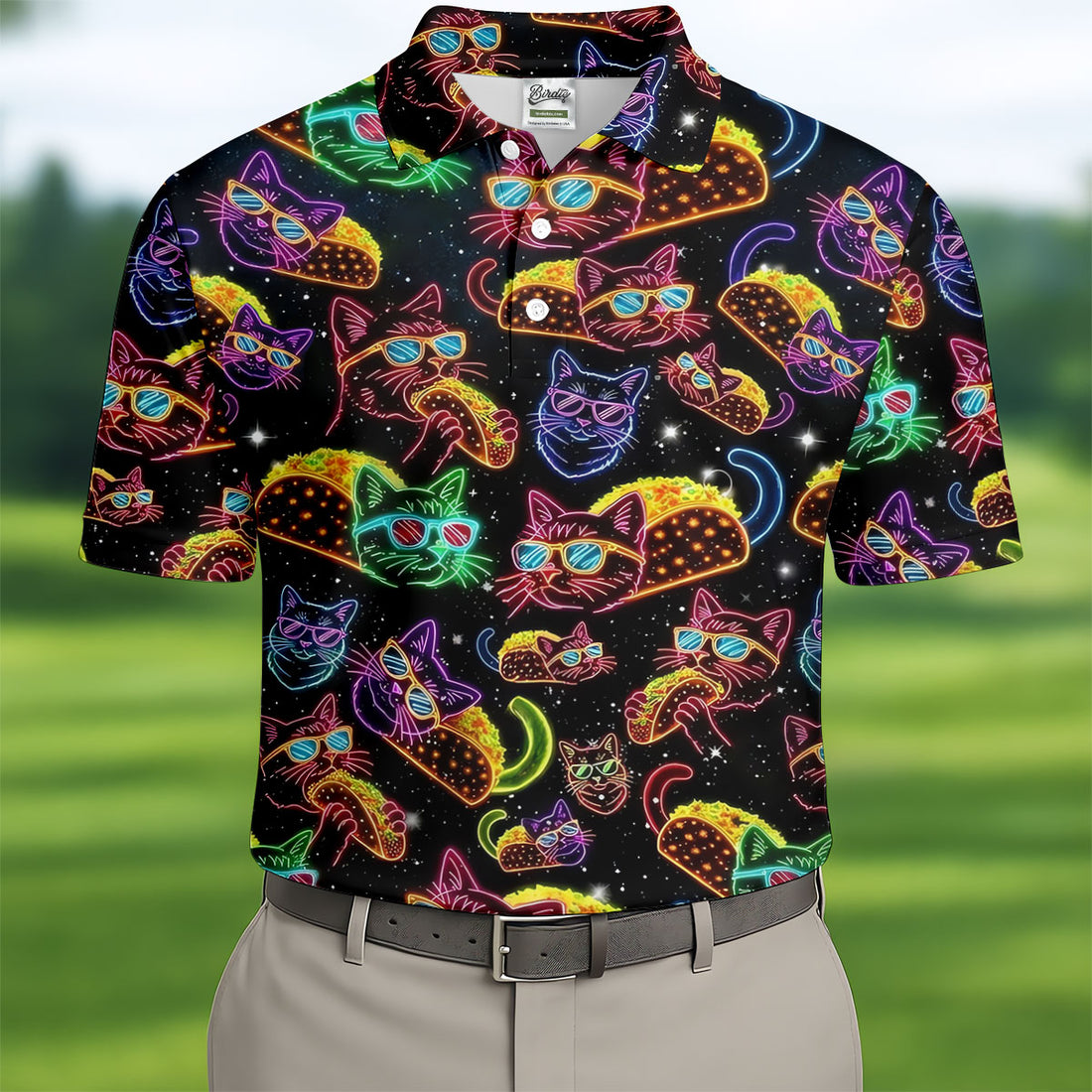 Neon Cat Taco Fiesta Time Hawaiian Golf Shirt, Cinco De Mayo Celebration Golf Shirts For Men
