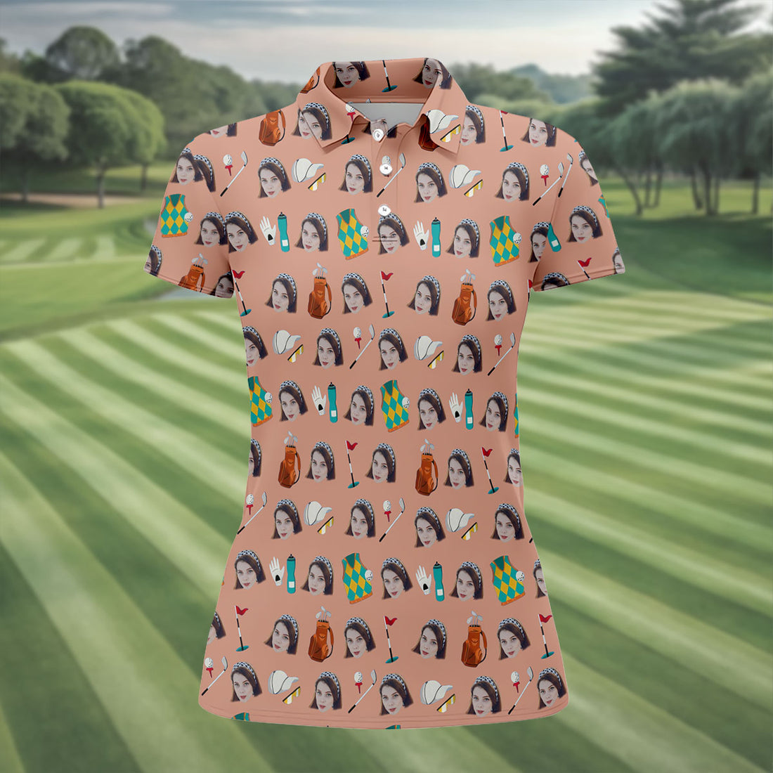 Peach Custom Photo Golf Icons Polo Shirt, Women's Golf Tops, Printed Golf Shirt