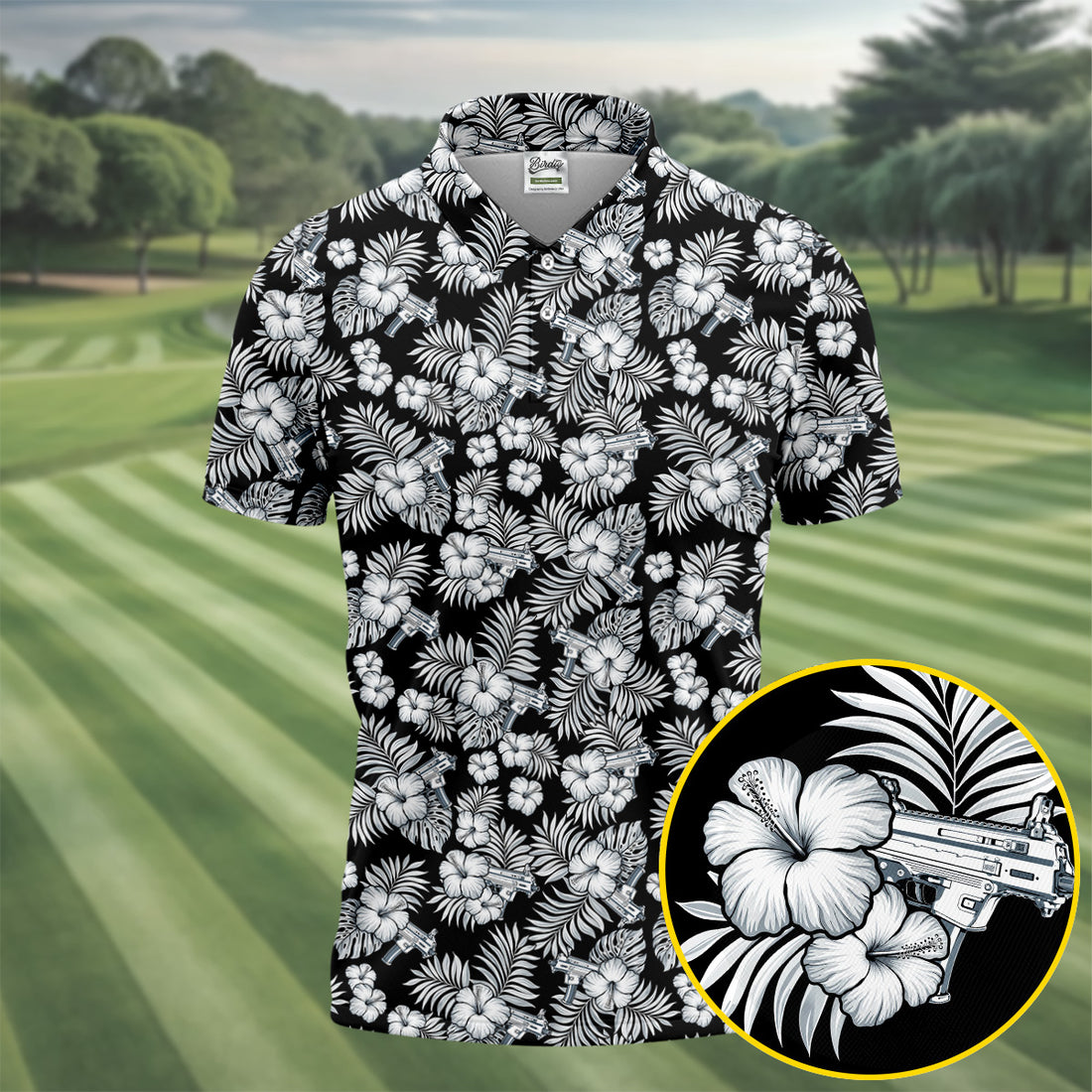 Black And White Pattern Tropical Hawaiian Golf Shirt, Summer Theme Golf Shirts For Men