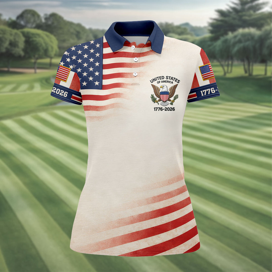 Vintage American Flag Women's 250 Years USA Patriotic Golf Shirt, 4th of July Golf Shirt