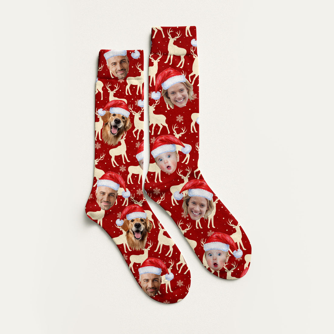 Custom Face Reindeer Pattern Beige And Red Golf Socks, Christmas Golf Gift, Custom Golf Accessories