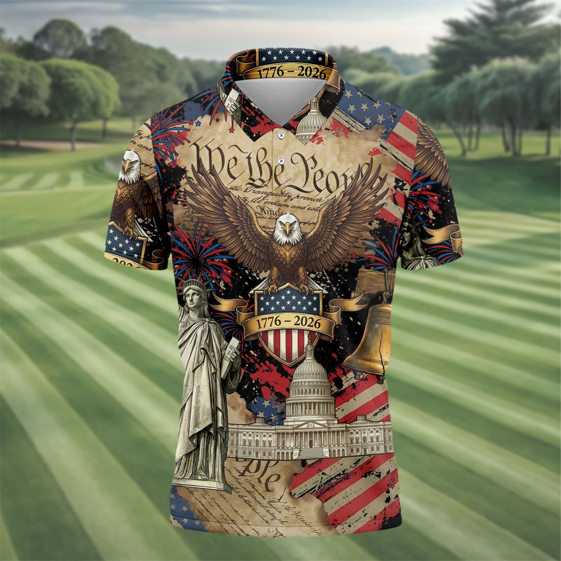 We The People Patriotic Eagle Statue Of Liberty 250 Years Golf Tops For Men, 4th Of July Golf Shirts For Men