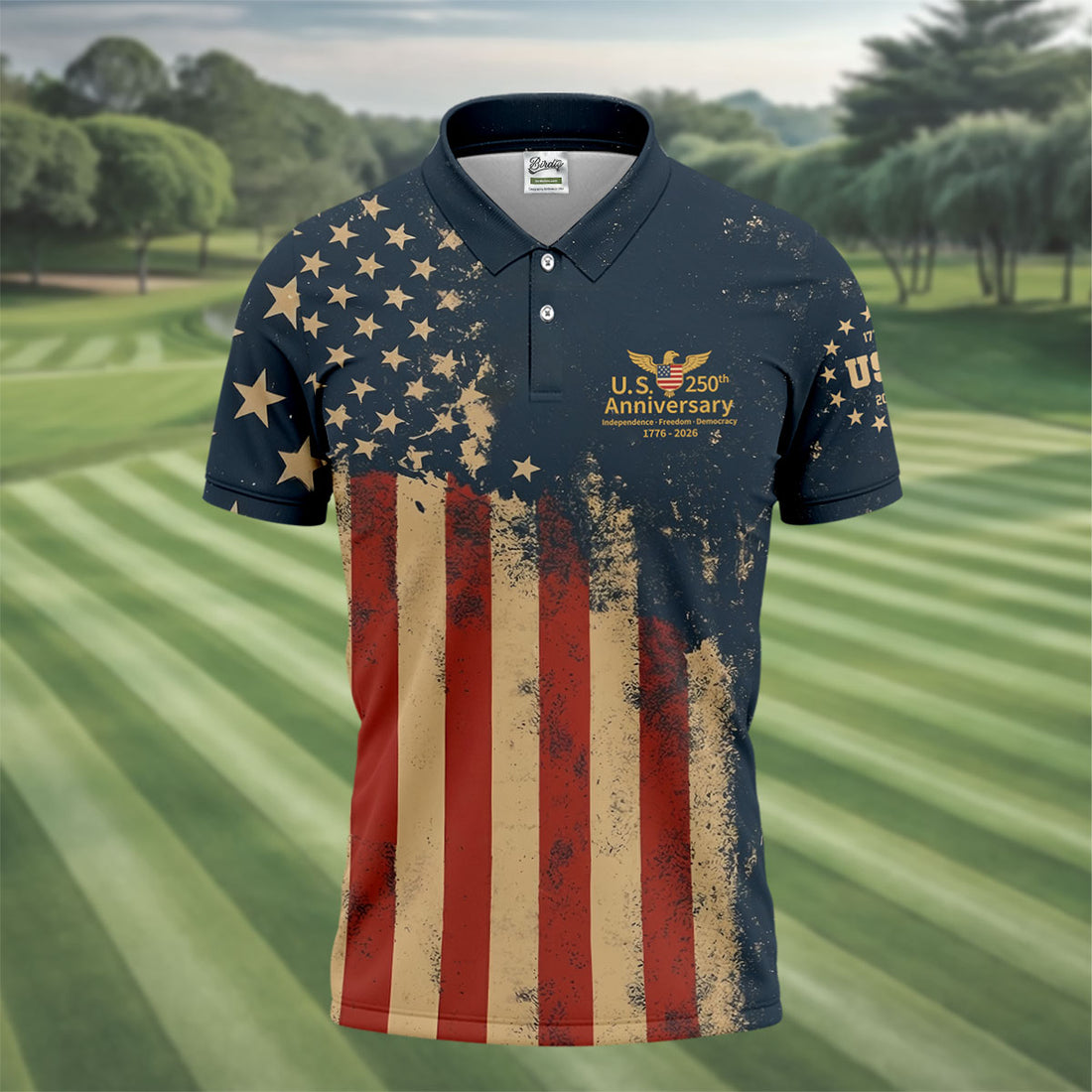 US 250th Anniversary Independence Freedom Democracy Men's Golf Polo Shirts, 4th Of July Patriotic Golf Shirt