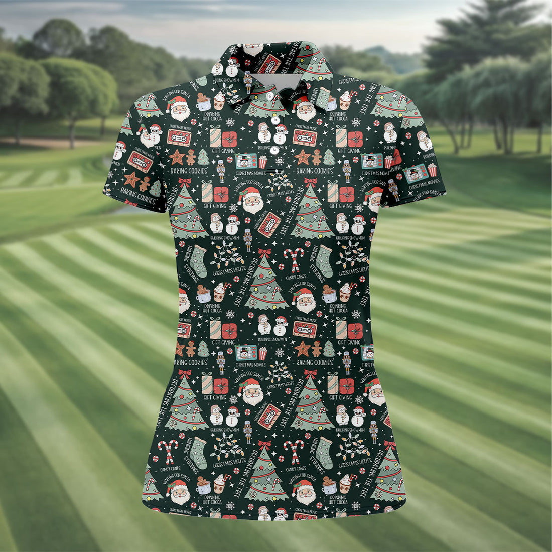 Cute Santa Claus Gift Green Women's Golf Tops, Christmas Golf Shirt, Golf Gift For Ladies