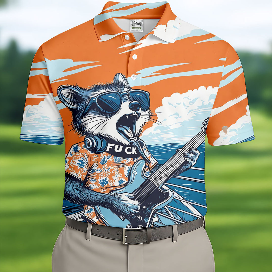 Rockstar Raccoon Ocean Vibes Hawaiian Golf Shirt, Men's Golf Shirt, Polo Shirts For Men