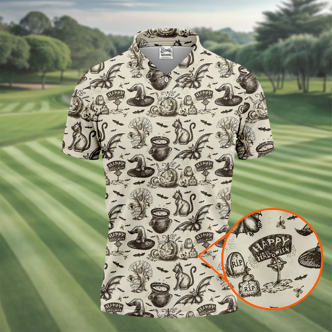 Halloween Witch Cat Pattern Men's Funny Golf Shirts, Unique Gift For Golfer, Polo For Men