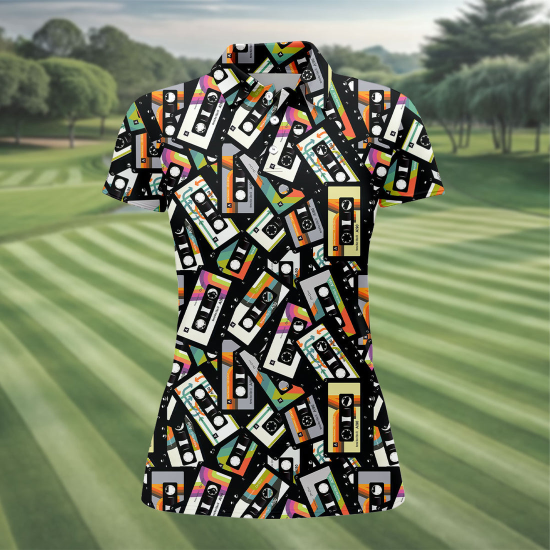 Retro Cassette Tape Hawaiian Golf Shirt, Women's Golf Tops, Ladies Golf Shirts