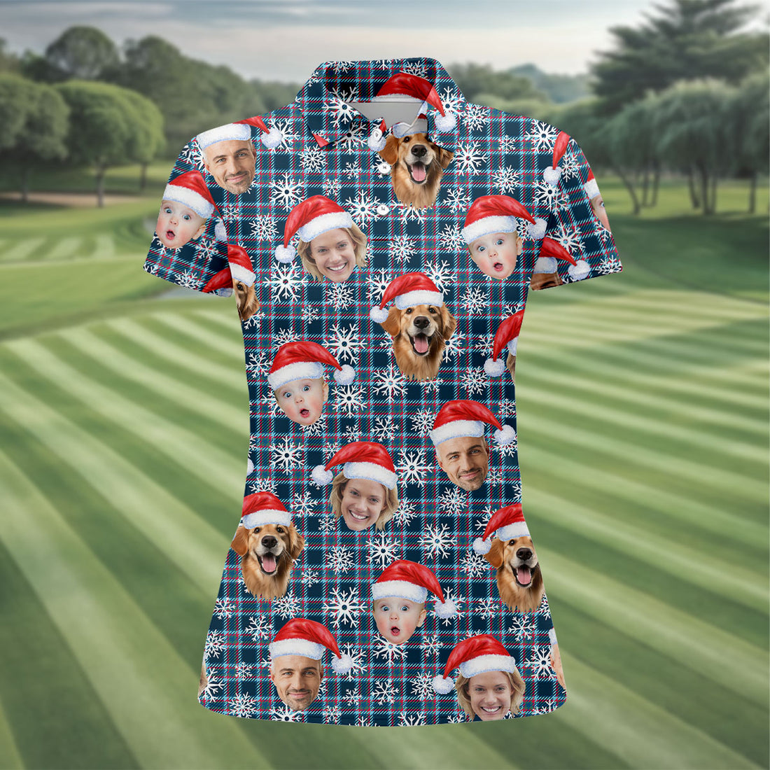 Custom Face Red And Blue Plaid Snowflakes Print Christmas Golf Shirt, Ladies Golf Tops, Golf Gifts For Women