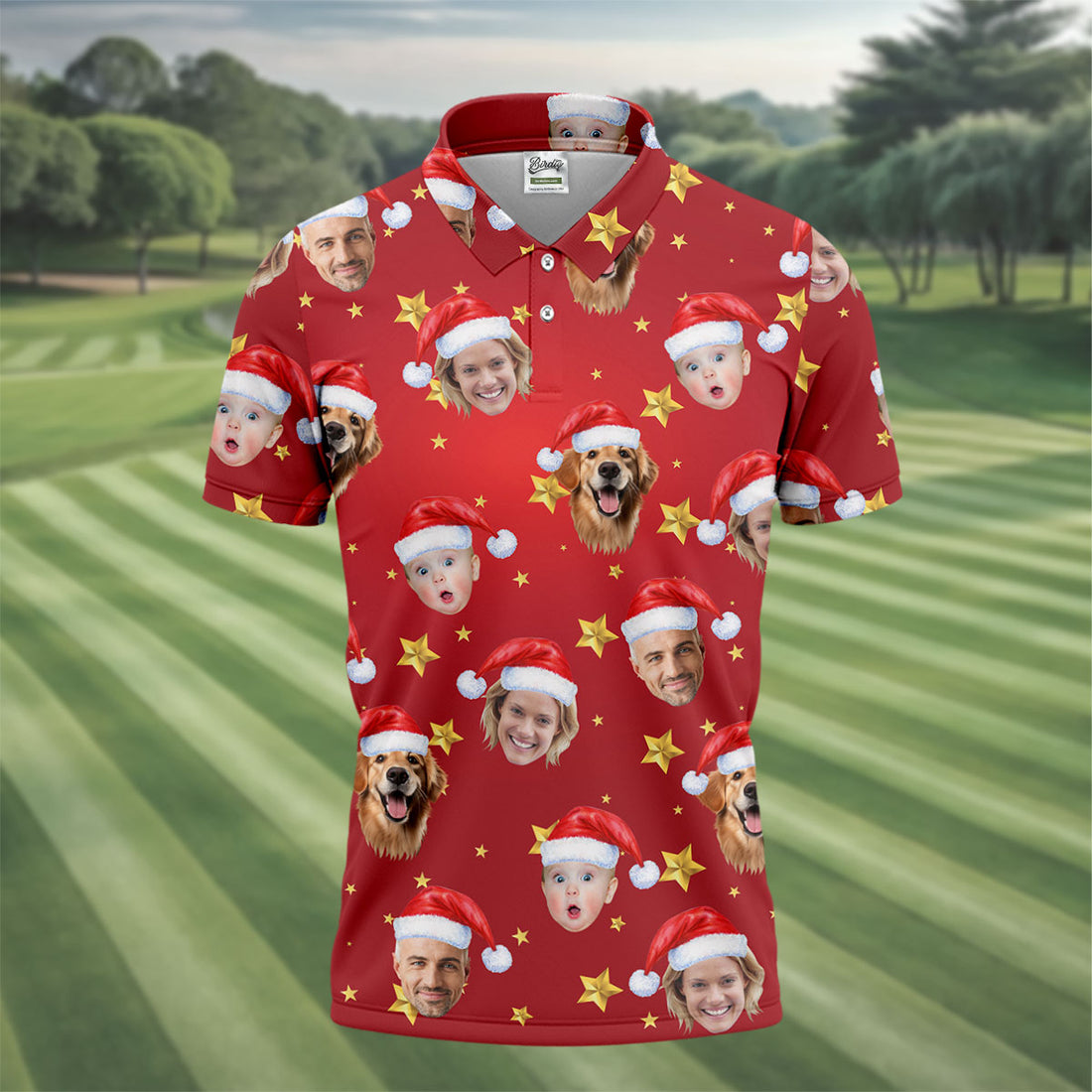 Custom Face Xmas Star Red Golf Shirt, Christmas Golf Shirt, Golf Gift For Men, Golf Shirts For Men