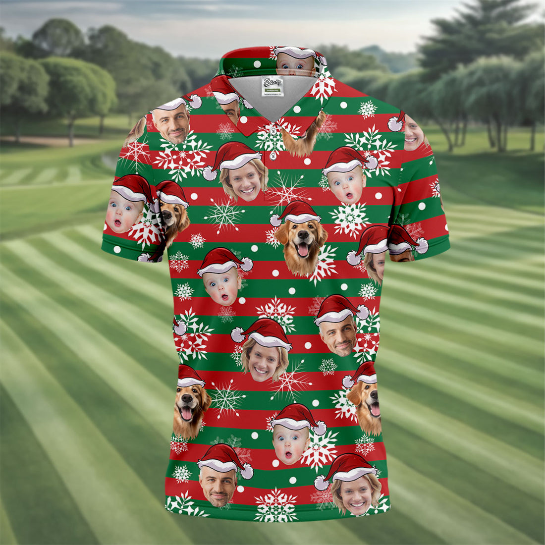 Custom Face Red Green Stripe Christmas Golf Tops For Men, Polo Shirts For Men, Christmas Golf Gift