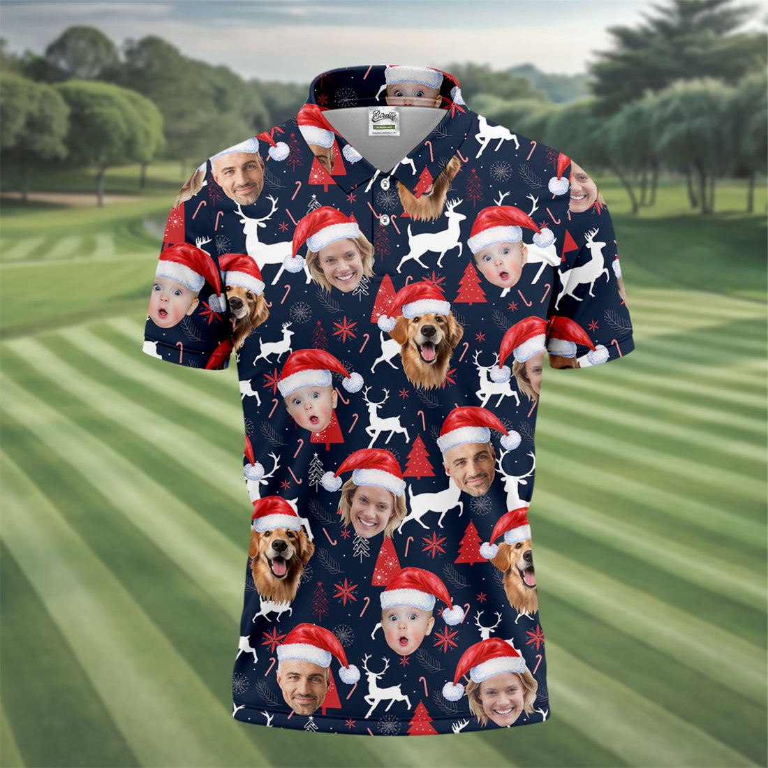 Custom Face Red And Navy Seamless Pattern Christmas Golf Shirt, Golf Shirts For Men, Golf Gift For Men