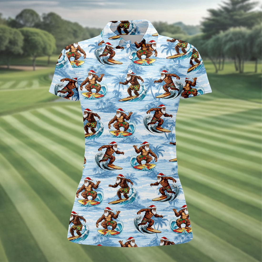 Funny Surfing Santa Bigfoot Christmas Polo Shirt, Womens Golf Polo, Hawaiian Golf Shirt