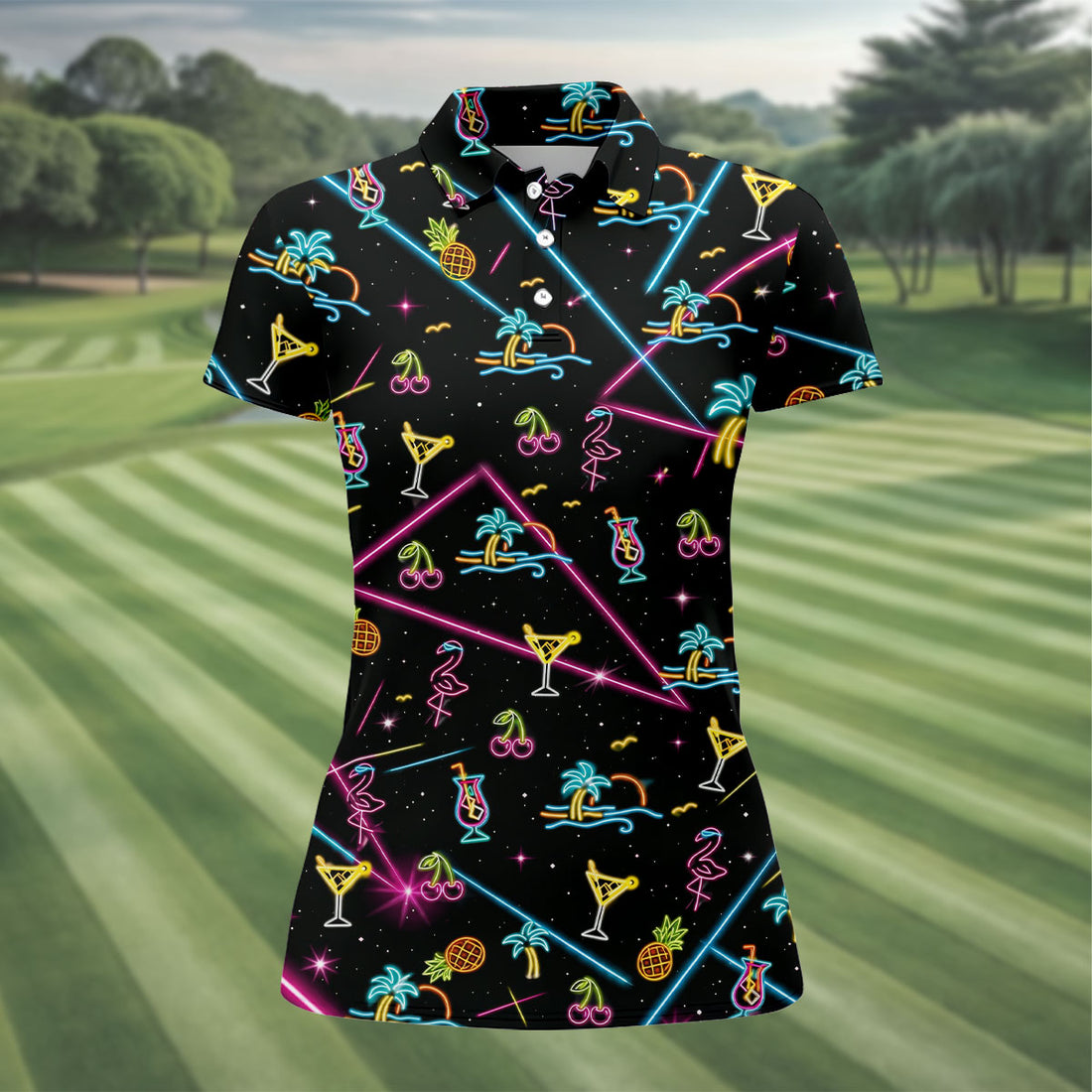 Tropical Flamingo Neon Line Hawaiian Golf Shirt, Women's Golf Tops, Ladies Golf Shirts