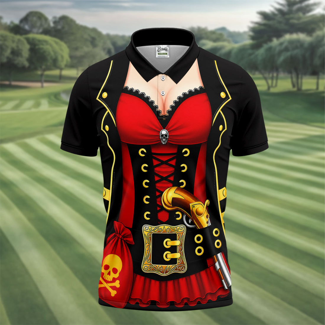 Red Corset Pirate Costume Skull Belt Golf Shirt, Mens Golf Polo, Golf Apparel For Men, Printed Golf Shirts