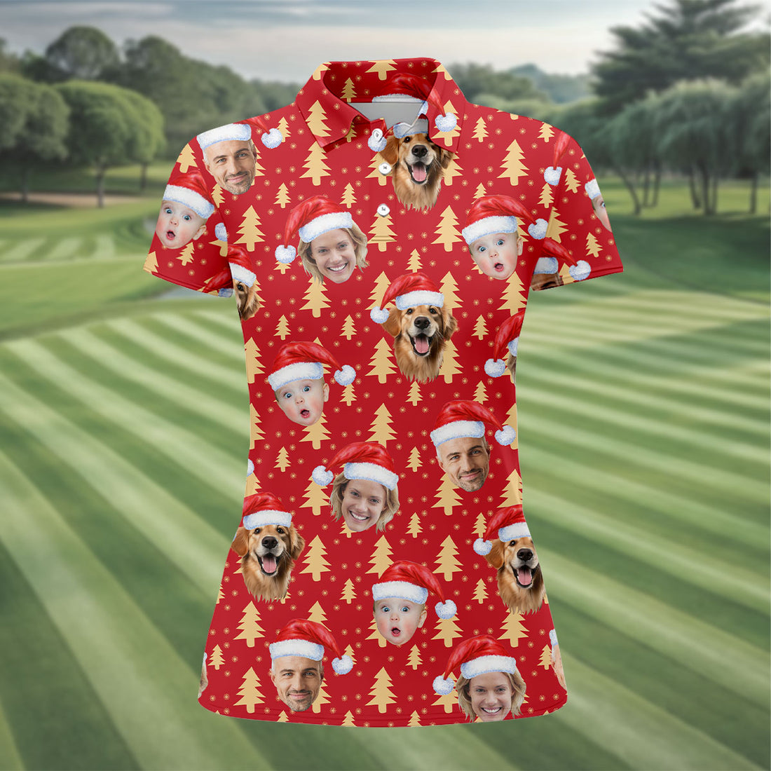 Custom Face Golden Pine Tree Red Golf Shirt, Christmas Golf Shirt, Ladies Golf Shirts, Golf Gifts For Women