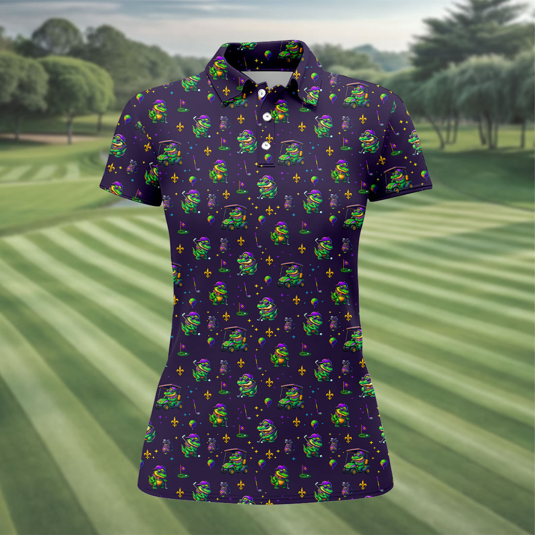 Funny Crocodile Mardi Gras Golf Shirts, Purple Golf Shirt, Festive Women Golf Top, Ladies Golf Shirts