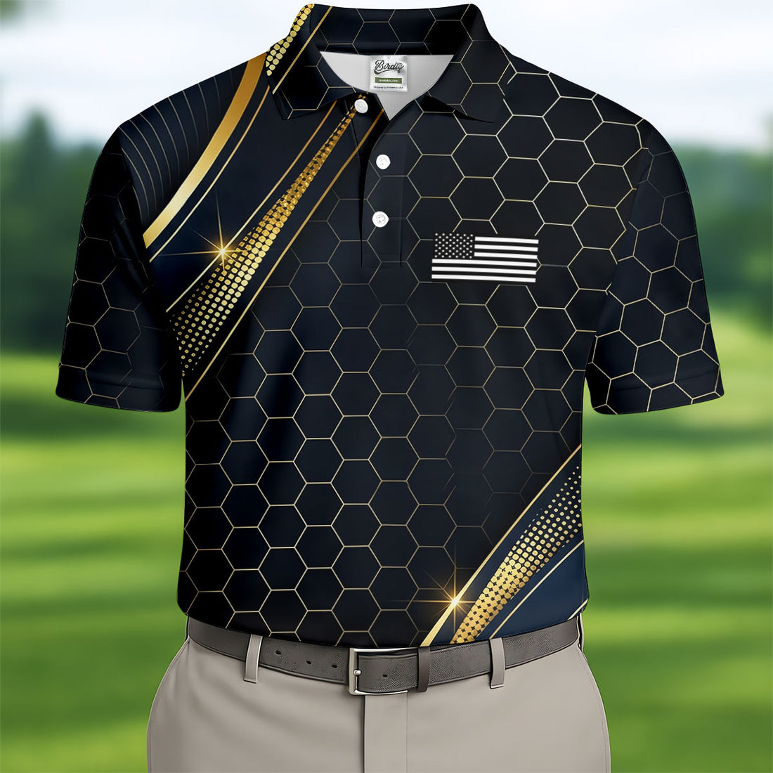 Gold Hexagonal US Flag Logo Retro Golf Shirt, 250 Years Patriotic 4th Of July Golf Shirts For Men