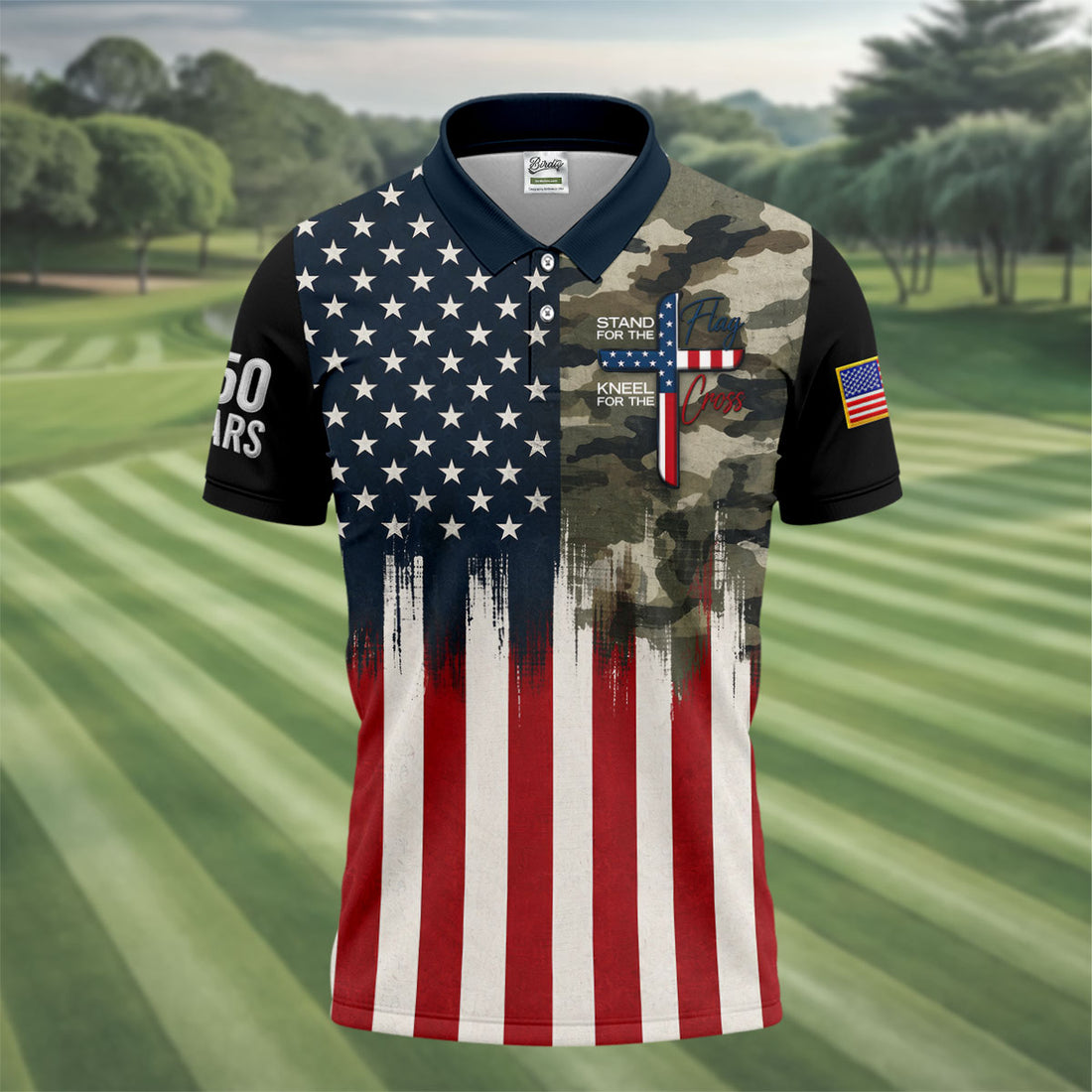 Stand For The Flag Kneel For The Cross Men's 250 Years USA Patriotic Golf Shirt, 4th of July Golf Shirt