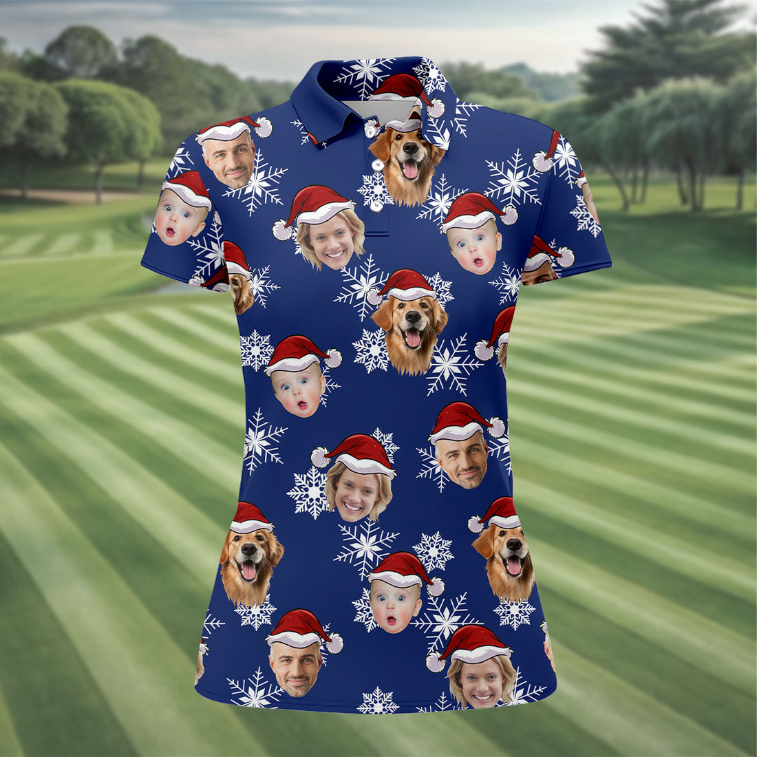 Custom Face Navy Christmas Women's Golf Tops, Ladies Golf Shirts, Christmas Golf Gift