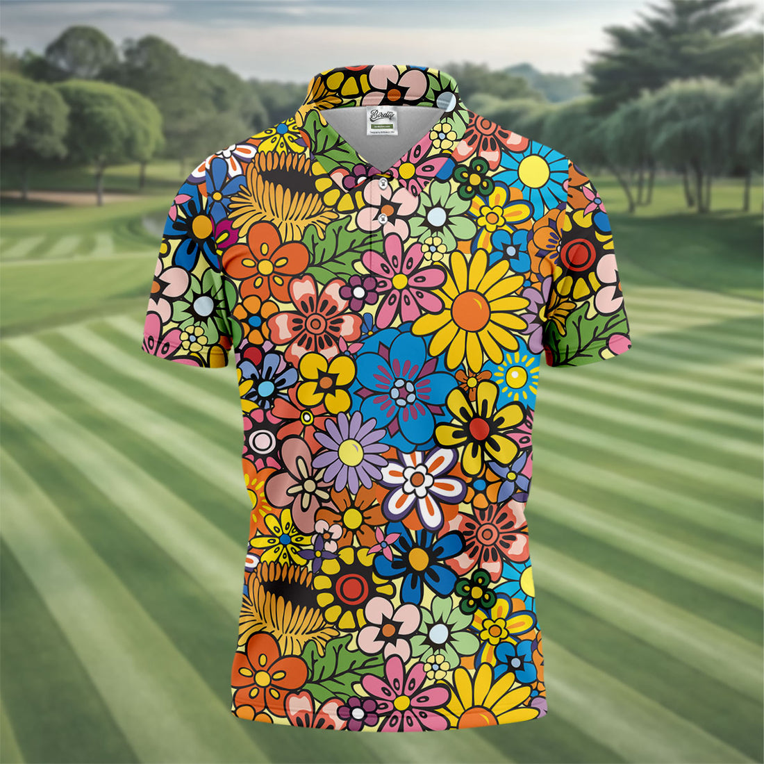 Multicolor Retro Flower Power Golf Shirt, Mens Golf Polo, Golf Apparel For Men