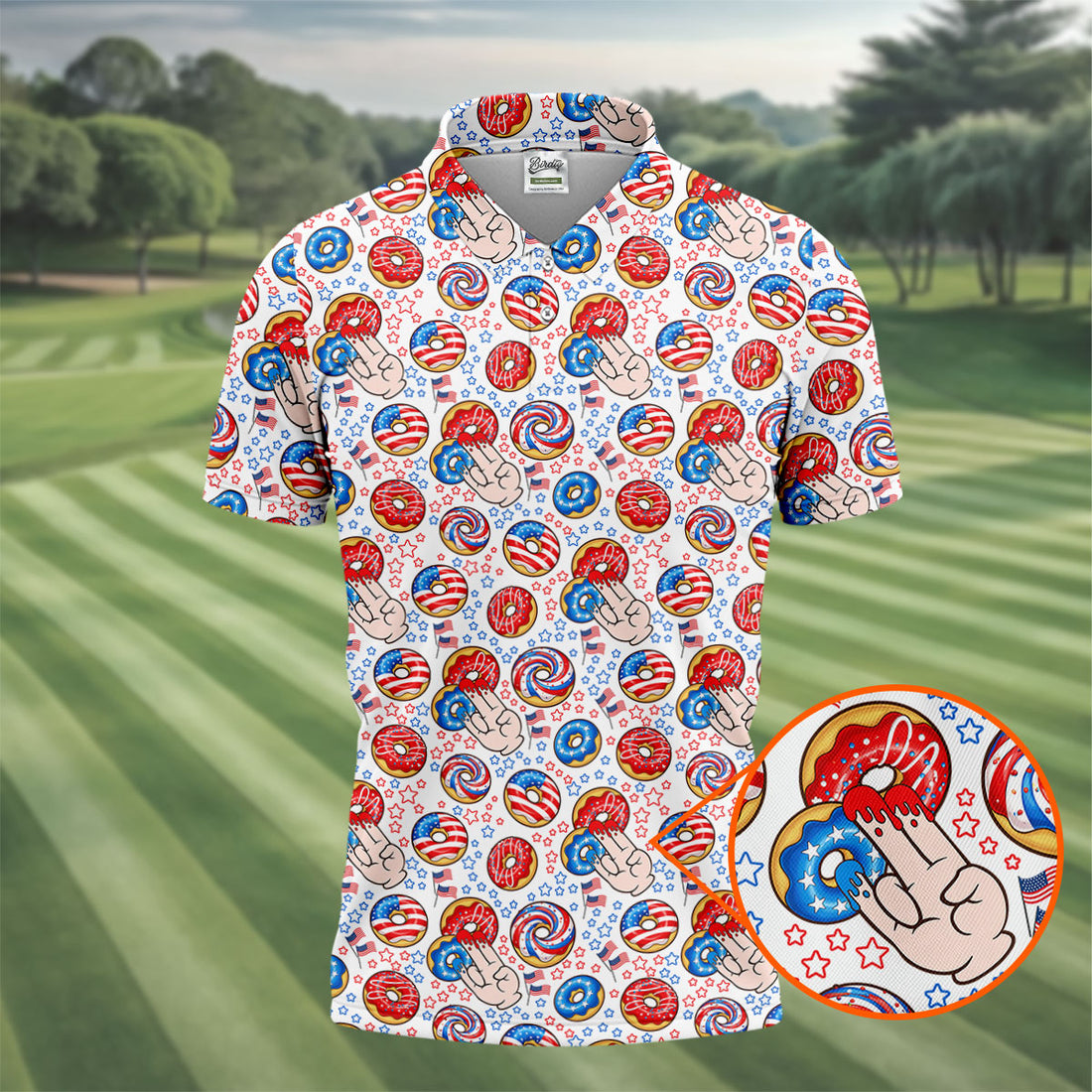 Donut Finger Funny Dirty American Flag Pattern White Golf Shirts For Men, 250th Anniversary Patriotic Golf Shirt