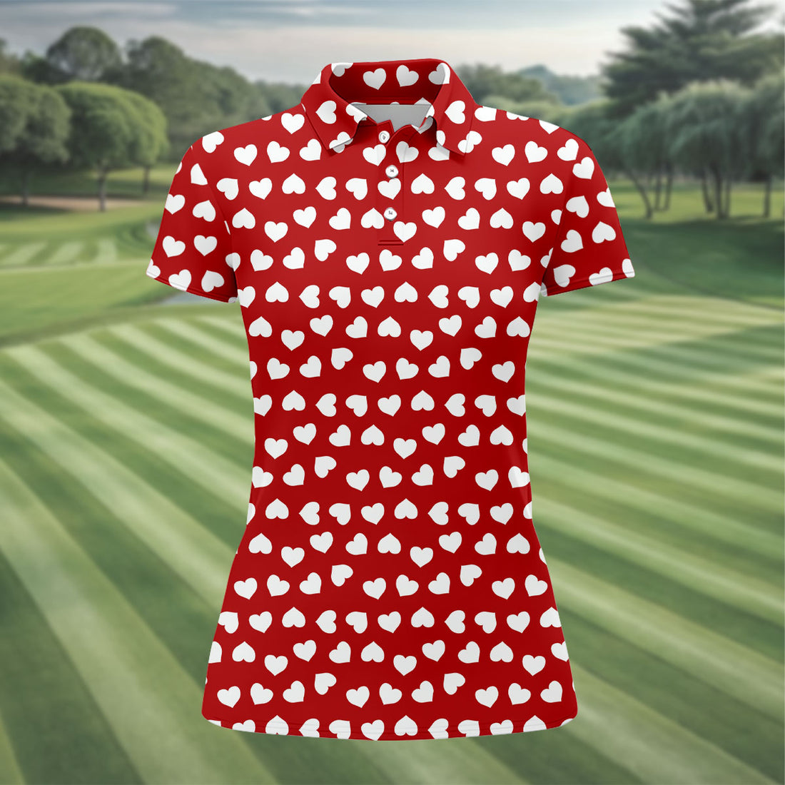 White And Red Heart Pattern Women's Golf Tops, Valentine Golf Gift, Ladies Golf Polos, Golf Gift For Ladies