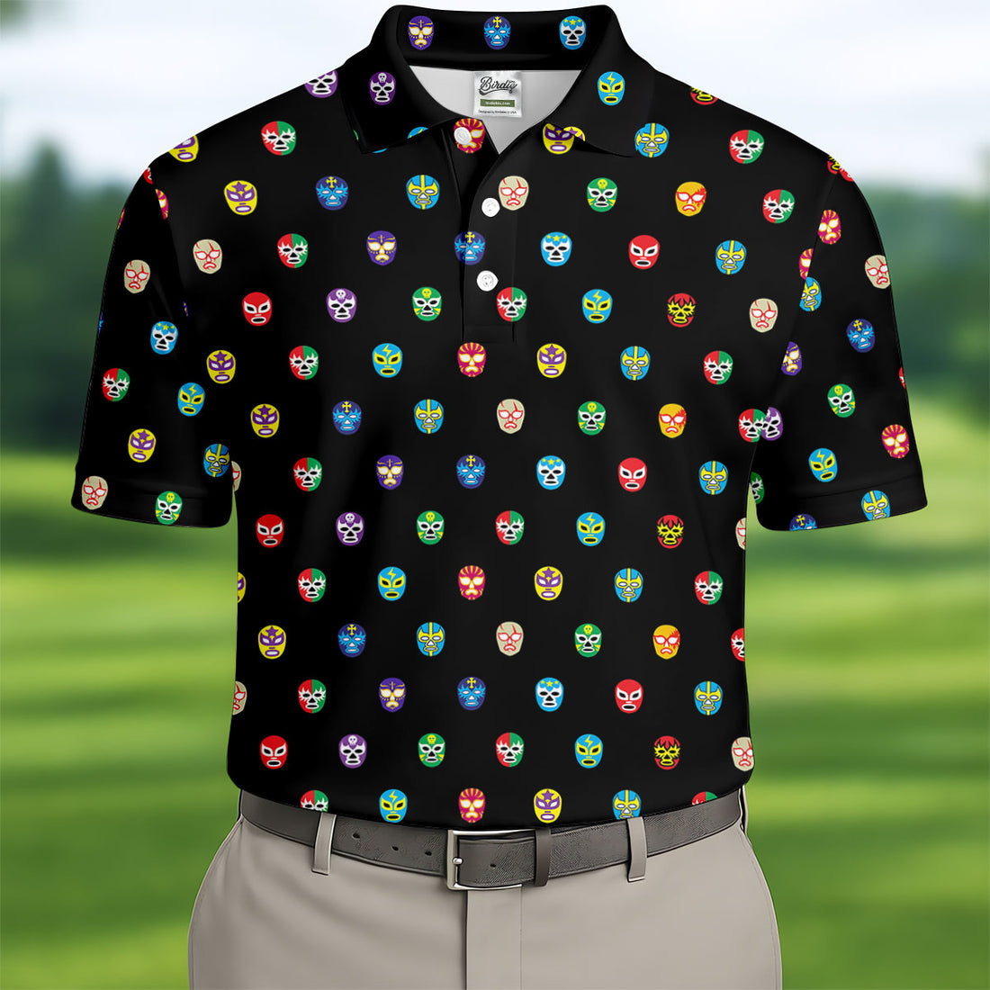 Colorful Retro Mask Print Golf Polo Shirt, Golf Shirts For Men, Printed Golf Shirts