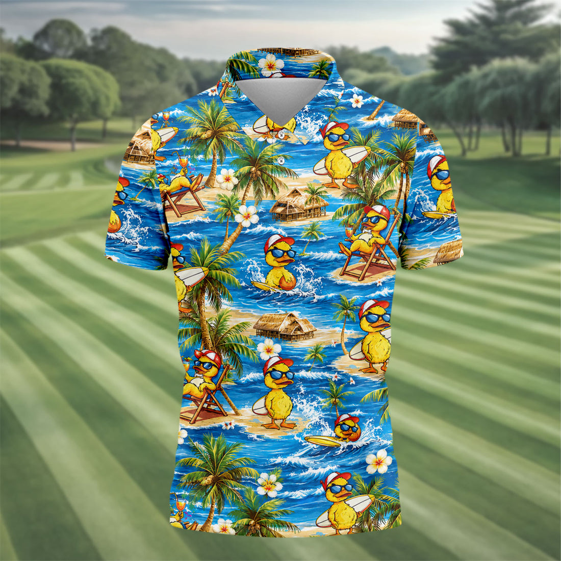 Yellow Rubber Duck Beach Theme Hawaiian Golf Shirt, Men's Golf Shirt, Polo Shirts For Men