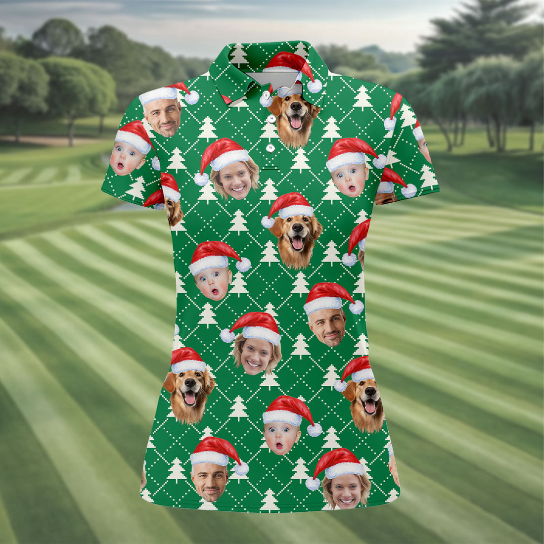 Custom Face Snow Pine Tree White Dotted Christmas Golf Shirt, Ladies Golf Shirts, Golf Gifts For Women