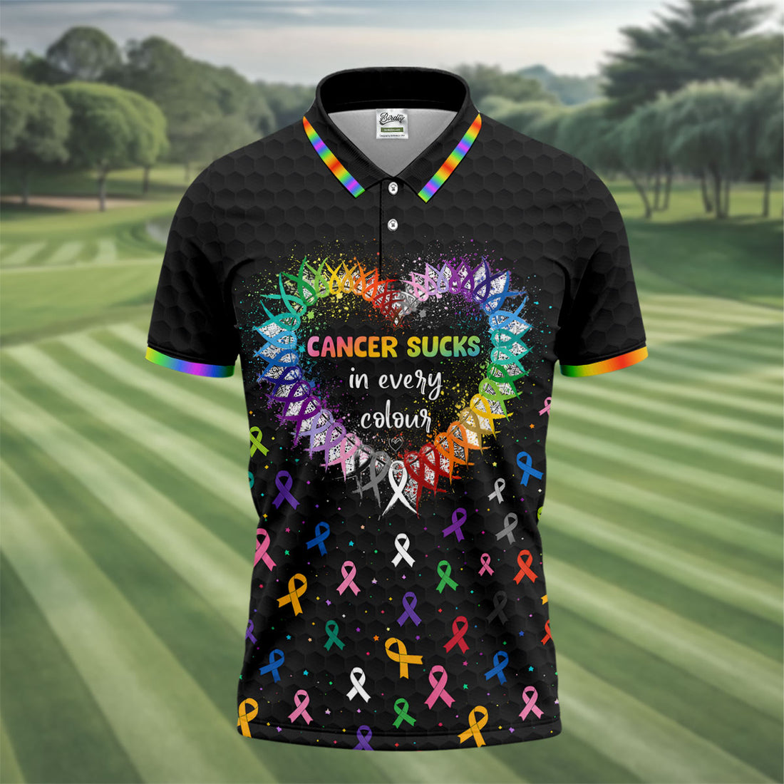 Cancer Sucks In Every Colour Awareness Ribbon Golf Polo Shirt, Mens Golf Apparel