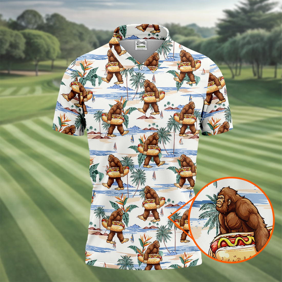 Funny Bigfoot Carrying Hot Dog Float Beach Golf Polo Shirt, Hawaiian Golf Shirt, Golf Apparel For Men