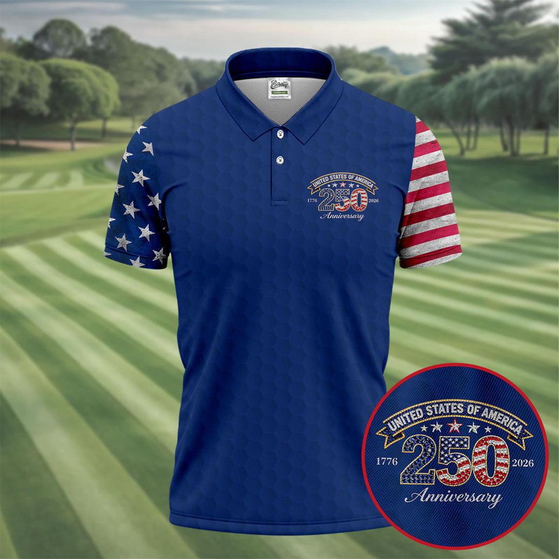 250th Anniversary Golf Ball Pattern Navy Golf Shirt, Patriotic 4th Of July Golf Shirt, Golf Shirts For Men