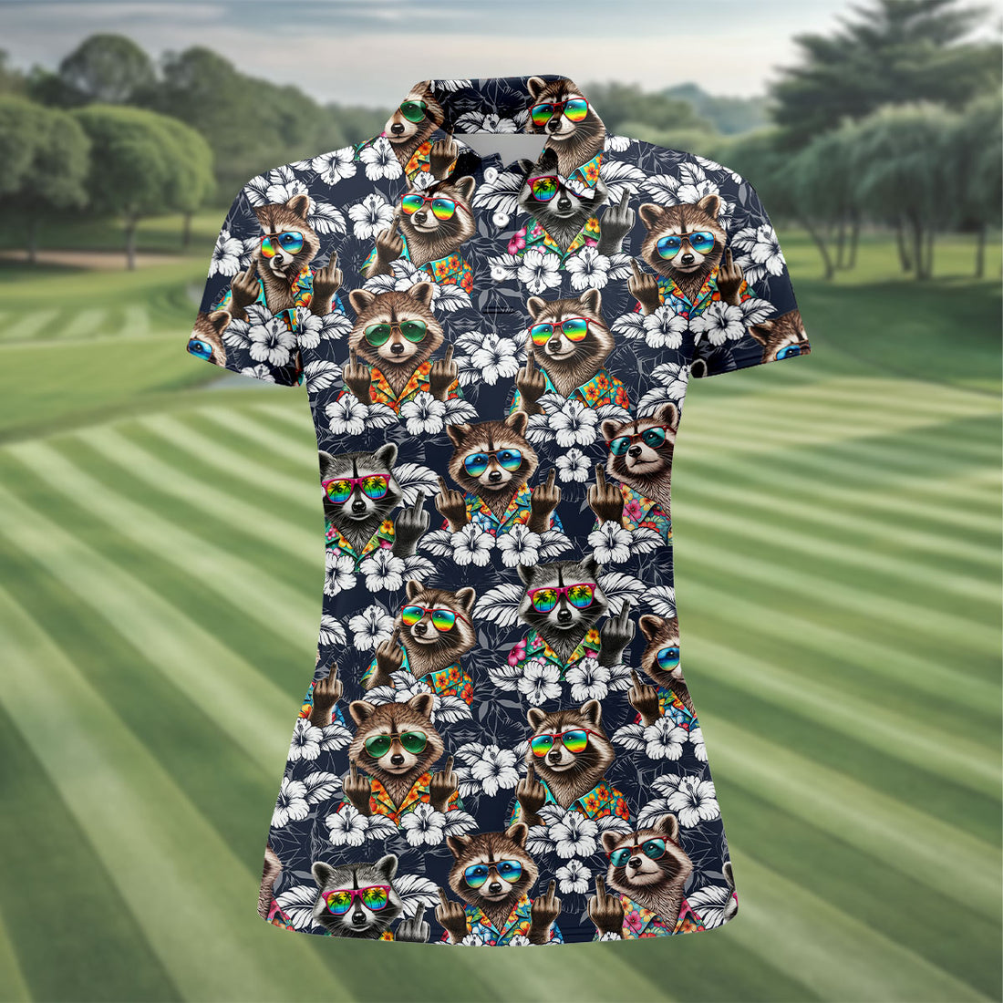 Cool Raccoon Sunglasses Tropical Golf Shirt, Funny Golf Shirt, Women's Golf Shirt, Golf Polo For Women