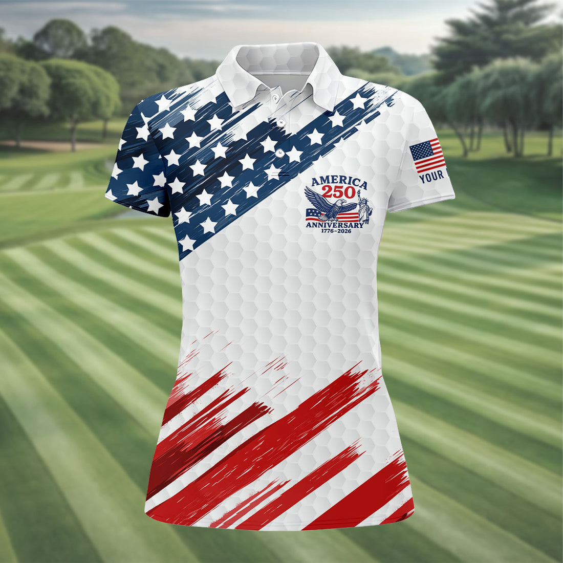 250th Anniversary Golf Ball Pattern Bald Eagle Logo 4th Of July Golf Shirt, Patriotic Golf Shirt For Women