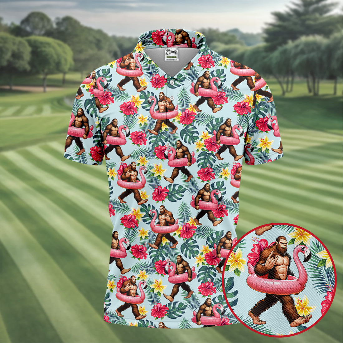 Ice Blue Bigfoot Flamingo Paradise Hawaiian Golf Shirt, Men's Golf Shirt, Polo Shirts For Men