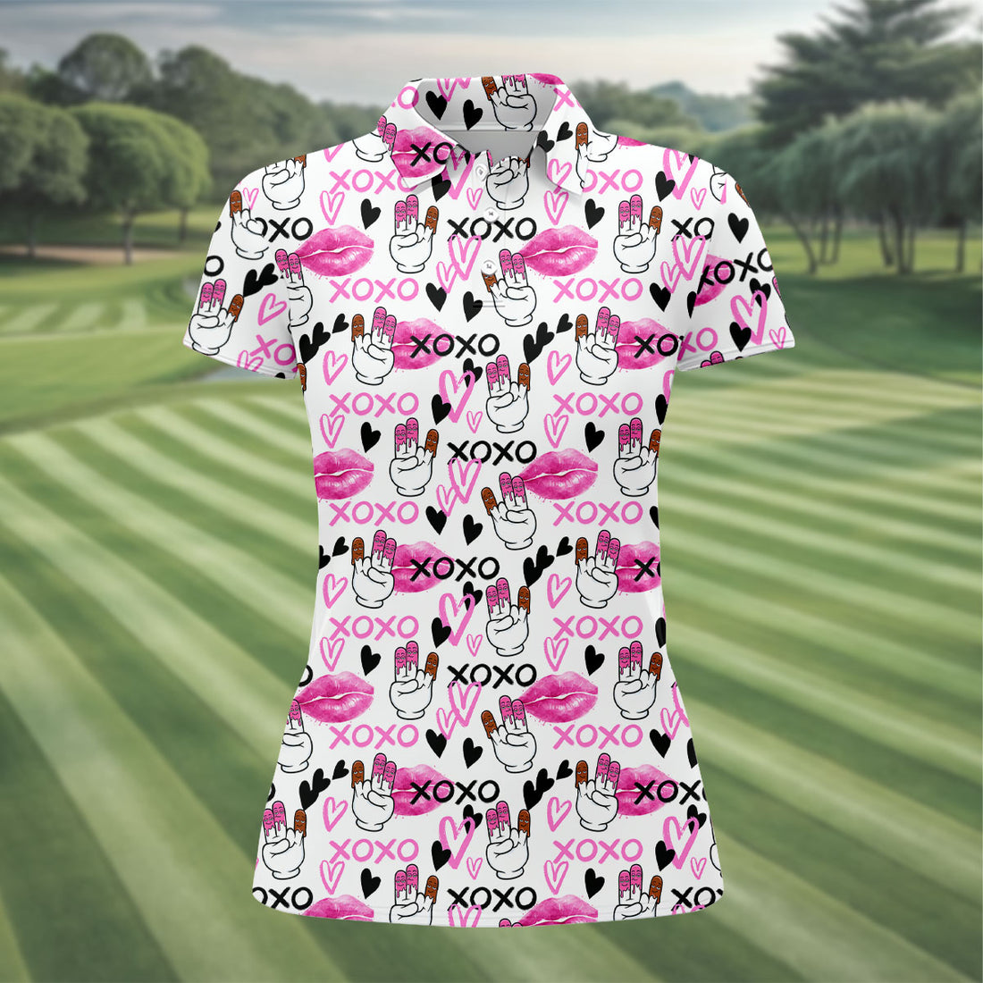 Chocolate Fingers Adult Humor XOXO Lipstick Mark Fun Women's Golf Shirts, Valentines Golf Gift, Women's Golf Tops