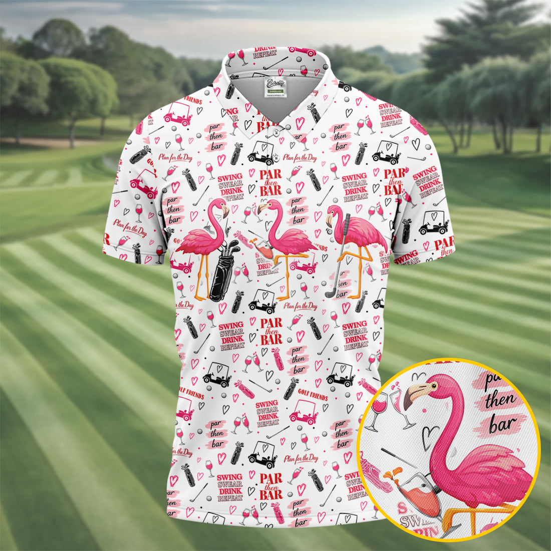 Par Then Bar Flamingo Golf Shirt, Tropical Party Polo Shirts For Men, Golf Shirts For Men