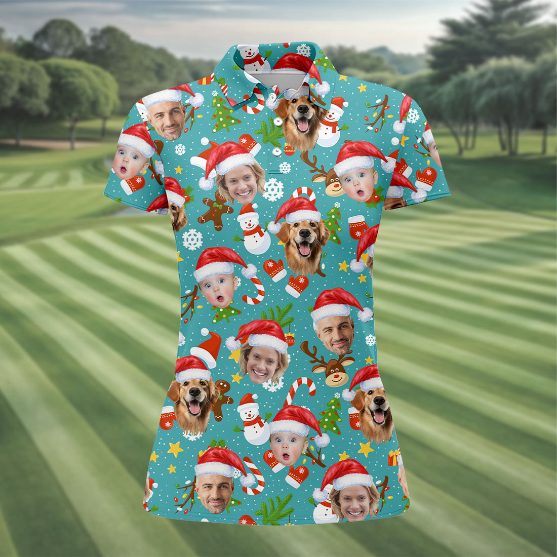 Custom Face Cute Christmas Pattern Teal Golf Shirt, Christmas Golf Shirt, Golf Gifts For Women