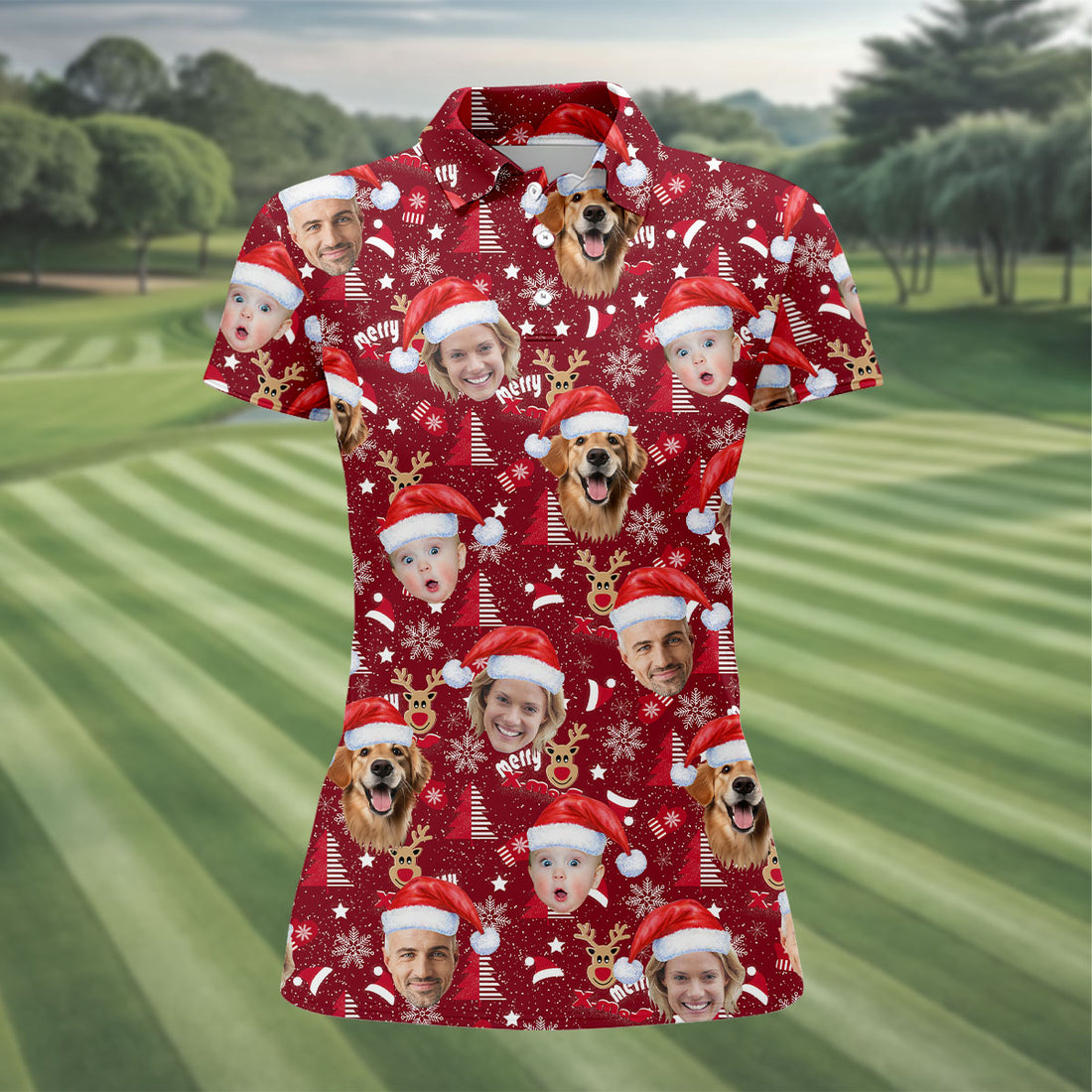 Custom Face Red Nose Reindeer Merry Xmas Red Golf Shirt, Christmas Golf Shirt, Women's Golf Tops